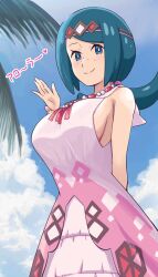 1girls bare_arms blue_eyes blue_hair breasts cosplay female freckles lana's_mother_(pokemon) large_breasts light_blush mature_female milf nintendo official_alternate_costume outdoors palm_tree pokemoa pokemon pokemon_(anime) pokemon_masters sideboob sleeveless smile solo tapu_lele_(cosplay)