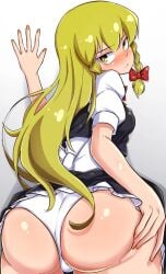 1girls big_butt blonde_hair butt clothed_female fat_ass hand_on_butt huge_butt large_butt light-skinned_female long_hair looking_back marisa_kirisame norori panties thick_thighs touhou white_panties yellow_hair