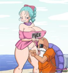 1boy 1girls age_difference aged_up annoyed areolae beard big_breasts blue_eyes blue_hair blush blushing bulge bulma bulma_(dragon_ball) bulma_briefs cleavage dragon_ball dragon_ball_(classic) erect_nipples eyebrows eyelashes female large_breasts light-skinned_female light-skinned_male light_skin male master_roshi muten_roushi nipple_bulge nipple_slip nipples nosebleed old_man older_male older_man_and_teenage_girl panties pink_nipples ponytail pulled_up_shirt riffsandskulls sunglasses teenage_bulma teenage_girl teenager thick_thighs thighs toei_animation white_panties wide_hips younger_female