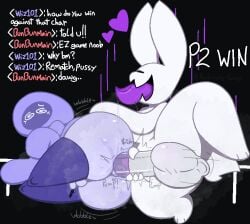 anal animal_genitalia animal_penis anthro ass balls big_balls big_butt big_penis bodily_fluids bottom_heavy bunbun_(yomi_hustle) clothed clothed/nude clothing dialogue equine_genitalia equine_penis eyeless eyeless_face fecharis femboy from_behind_position futa_on_male futanari genital_fluids genitals heart hood huge_ass huge_cock humanoid intersex intersex/male intersex_penetrating lagomorph leporid looking_pleasured male mammal musk musk_clouds nonbinary_bunny nude penetration penis precum purple_tongue rabbit saggy_balls scut_tail sex short_stack short_tail simple_background small_penis smug spiral_eyes spoon_position spooning sweat sweaty_balls sweaty_butt sweaty_genitalia sweaty_penis tail tongue tongue_out wizard_(yomi_hustle) wobbling yomi_hustle