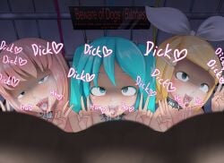 blowjob blush collar fellatio hatsune_miku heart kagamine_rin maruhage_p maruhagedou megurine_luka peace_sign trio vocaloid