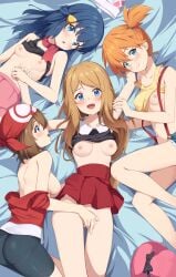 4girls absurdres armpits ass blue_eyes blue_hair blue_shorts blush breasts brown_hair cleavage clothes_lift clothes_pull creatures_(company) dawn_(pokemon) female female_only game_freak hat highres incredibly_absurdres kasumi_(pokemon) looking_at_viewer may_(pokemon) medium_breasts midriff miso_(misomiso_154) multiple_girls navel nintendo orange_hair pokemon pokemon_(anime) pokemon_(classic_anime) pokemon_(game) pokemon_dppt pokemon_oras pokemon_xy serena_(pokemon) shirt shorts skirt skirt_lift skirt_pull small_breasts tank_top yellow_shirt