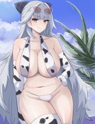 1girls alisa_(rune_emotion) azur_lane belly_button clouds confident cow_print cow_print_bikini cow_print_gloves cow_print_thighhighs eyebrows_visible_through_hair female female_only gloves grey_eyes grey_hair light-skinned_female light_skin looking_at_viewer outside sardegna_empire_(azur_lane) sky smile solo sunglasses sunglasses_on_head thighhighs vittorio_veneto_(azur_lane)