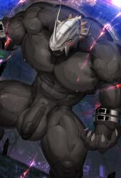 abs abstract_background anthro armor balls bandai_namco barazoku belt_collar biceps big_balls big_biceps big_deltoids big_muscles big_pecs black_body black_nipples blackwargreymon blonde_hair blush bodily_fluids claws claws_out clothing colored deltoids digimon digimon_(species) digital_drawing_(artwork) digital_media_(artwork) genital_fluids genitals glans glitch hair half-erect headgear headwear helmet hi_res horn huge_deltoids huge_muscles huge_pecs huge_thighs humanoid humanoid_genitalia humanoid_hands humanoid_penis magangz male male_anthro manly mask metal muscular muscular_anthro muscular_male nipples nude pecs penis pointy_hair portrait sharp_claws sharp_horn small_waist solo solo_focus sweat thick_thighs vein veiny_muscles veiny_penis wargreymon yellow_eyes