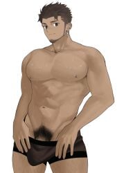 1boy abs bara barbell_piercing beard black_male_underwear cross cross_earrings dark-skinned_male dark_skin ear_piercing earrings eyebrow_cut facial_hair feet_out_of_frame goburin_second harumi_(goburin_second) highres jewelry large_pectorals leg_hair looking_at_viewer male_focus male_only male_pubic_hair male_underwear male_underwear_pull multiple_earrings muscular muscular_male nipples original pectorals penis penis_peek piercing pubic_hair scar scar_on_face scar_on_forehead short_hair smile solo standing stomach thighs topless_male underwear very_sweaty wet white_background