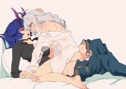 1futa 1girls barefoot bottomless breasts bruise clothed clothing drooling duo female futa_on_female futanari highres honkai_(series) honkai_impact_3rd horns human humanoid injury kiana_kaslana legs light-skinned_female light-skinned_futanari long_hair looking_at_another mostly_clothed multiple_girls on_back partially_clothed pillow raiden_mei saliva see-through sex sitting strangling toes tofu_crust translucent yuri