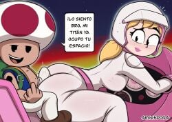 1boy 1girls ass big_ass bodysuit breasts female greendogg male mario_(series) outdoors princess_peach rainbow_road smaller_male space spanish_text super_mario_bros. super_mario_bros._(2023_film) toad_(mario)