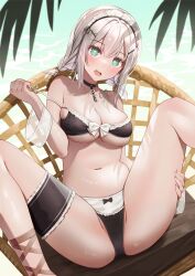 1girls alternate_costume azur_lane belly_button bikini blush breasts chair classic_(zildjian33) female female_only green_eyes headdress light-skinned_female light_skin looking_at_viewer maid_bikini manchester_(a_moment_in_the_shade)_(azur_lane) manchester_(azur_lane) official_alternate_costume outside royal_navy_(azur_lane) sitting_on_chair solo star-shaped_pupils swimsuit symbol-shaped_pupils undressing water