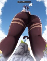 aether_(genshin_impact) big_breasts blue_hair charlydibulol ganyu_(genshin_impact) genshin_impact giantess horns larger_female legs pantyhose taller_girl thick_thighs