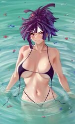 alternate_version_available bikini blush flower_petals jigokuraku purple_eyes purple_hair revealing_clothes ultrabinou wardrobe_malfunction water watermark yuzuriha_(jigokuraku)