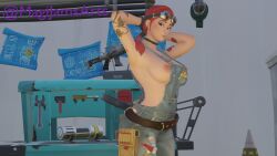 annoyed armpits arms_up clip_(fortnite) fortnite fortnite:_save_the_world huge_breasts looking_back magijams mechanic nip_slip nipples overalls overalls_only sideboob