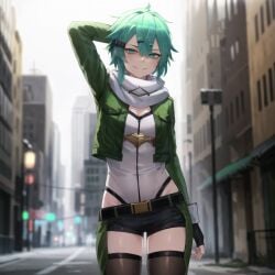 1girls ai_generated asada_shino blue_eyes blue_hair breasts female female_only looking_at_viewer medium_breasts medium_hair naughty_face naughty_smile nipples osyasenpai outdoors sinon solo solo_female stable_diffusion sword_art_online thighhighs