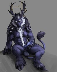 abs animal_genitalia animal_penis anthro antlers balls biped blue_body blue_fur body_hair canid canine canis fur genitals happy_trail hi_res hooves horn male mammal mane nipples penis solo tail tail_tuft tuft venlightchaser wolf