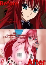 1girls 2boys aje before_and_after blue_eyes body_writing breeding_slave censored edit fellatio female heart-shaped_pupils high_school_dxd huge_breasts hypnosis large_breasts looking_at_viewer milking_machine mind_control nude nude_female nude_male pregnant rias_gremory sex sex_slave sucking_penis