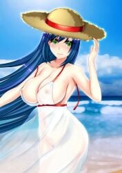 1girls ass beach big_breasts blue_hair blue_pubic_hair blush casual cleavage clothing day female female_only female_pubic_hair green_eyes happy hat headwear hips huge_breasts human large_breasts legs long_hair looking_at_viewer navel nipples no_bra no_panties ocean original outdoor_nudity outdoors pale_skin pubic_hair sand see-through_clothing see-through_dress seikofo smile solo sun_hat thighs water waves white_dress