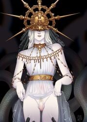 androgynous black_background bloodwoah collar covered_eyes dark_souls dark_sun_gwyndolin deity dress_lift femboy flaccid fromsoftware gold_(metal) gold_jewelry helmet jewelry long_hair long_hair_male looking_at_viewer male male_only mask masked masked_male nipples_visible_through_clothing otoko_no_ko parted_lips partially_retracted_foreskin penis see-through_clothing skinny snakes solo twink uncensored uncut veil white_hair white_skin