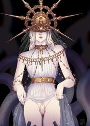 androgynous black_background bloodwoah collar covered_eyes dark_souls dark_sun_gwyndolin deity dress_lift femboy flaccid fromsoftware gold_(metal) gold_jewelry helmet jewelry long_hair long_hair_male looking_at_viewer male male_only mask masked masked_male nipples_visible_through_clothing otoko_no_ko pale-skinned_male pale_skin parted_lips partially_retracted_foreskin penis see-through_clothing skinny snakes solo twink uncensored uncut veil white_hair