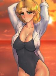 1girls arms_behind_head beach big_breasts blonde_hair blush breasts busty cleavage covered_navel curvy female gainax green_eyes human labcoat large_breasts legs leotard light-skinned_female light_skin looking_at_viewer mature mature_female mature_woman neon_genesis_evangelion nonoise666 ocean one-piece_swimsuit open_clothes pose posing ritsuko_akagi scientist seductive seductive_smile sensual short_hair smile solo swimsuit thighs water wide_hips