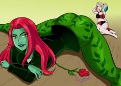 2girls artist_name artist_request artist_signature ass big_ass big_breasts cleavage dc dc_comics female female_focus female_only fully_clothed green_skin harley_quinn harley_quinn_(series) lesbian multiple_girls poison_ivy poison_ivy_(harley_quinn) red_hair rose_(flower) yuri