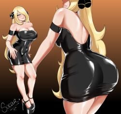 1girls ass big_breasts big_butt blonde_hair breasts cleavage cynthia_(pokemon) dress game_freak hair_over_one_eye human latex latex_dress long_hair looking_at_viewer lord_socar nintendo pokémon pokemon pokemon_dppt solo solo_female