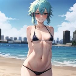 1girls ai_generated asada_shino blue_eyes blue_hair blush blushing breasts female female_only looking_at_viewer medium_breasts medium_hair naughty_face naughty_smile nipples osyasenpai outdoors short_hair sinon solo solo_female stable_diffusion sword_art_online