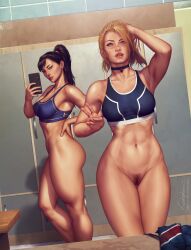 2girls black_hair blonde_hair bottomless cammy_white chun-li female female_only krysdecker mirror mirror_selfie multiple_girls pubic_hair selfie smooth_skin street_fighter street_fighter_6