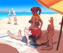 2boys 2girls anon ass beach beach_umbrella breasts featureless feet female fiora_laurent full_body league_of_legends light-skinned_male light_skin outdoors penis pool_party_fiora pool_party_series public public_sex reverse_cowgirl_position sex smooth_skin stealth_sex wjs07