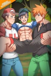 3boys :) :d blue_eyes blue_hair blue_oak brown_eyes brown_hair bulge bulge_through_clothing cap clothed clothing elio_(pokemon) forest gay gay_sex legs_apart legs_held_open legs_up lifting_person looking_at_another looking_at_viewer looking_pleasured male_only muscles muscular_male orange_eyes orange_hair pale-skinned_male patreon pokemon pokemon_sm red_(pokemon) shirt shirt_lift shirt_up shy smiling smug suiton