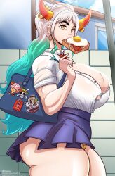 1girls bag big_breasts bite biting blue_hair breasts brown_eyes clothed clothing curvy ear_piercing earrings female female_focus female_only female_solo food gradient_hair hi_res highres hoop_earrings horned_humanoid horns huge_breasts humanoid kogeikun light-skinned_female light_skin long_hair multicolored_hair muscular muscular_arms muscular_female one_piece oni oni_horns panties piercing ponytail revealing_clothes school_uniform simple_background solo solo_female solo_focus sweat toast two_tone_hair white_hair wide_hips yamato_(one_piece)