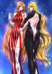 2girls ass back_to_viewer blonde_hair boots breasts curvaceous dress duo emeraldas female fur_trim galaxy_express_999 gloves large_breasts leijiverse light-skinned_female light_skin long_hair maetel nipples orange_hair queen_emeraldas scar sisters space space_pirate_captain_harlock wide_hips yuri-ai