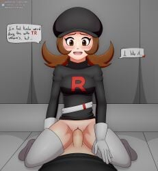 1boy 1girls clothed_sex complex_vortex cosplay female game_freak hat headgear hi_res lyra_(pokemon) male nintendo no_panties penis pokemon pokemon_hgss pokemon_masters pussy sex skirt smile straight_hair team_rocket team_rocket_grunt team_rocket_uniform text vaginal_penetration