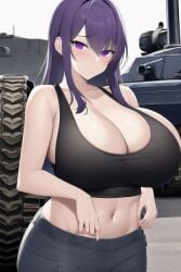 ai_generated blush exposed_torso female_focus military_vehicle nai_diffusion purple_eyes purple_hair self_upload tank_top weedvee420