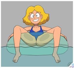 blonde_hair braces colored eyelashes feet floating flossing freckles innertube jookbox judy_tobin legs_apart looking_at_viewer pussy_peek signature smiling smiling_at_viewer swimsuit the_great_north water