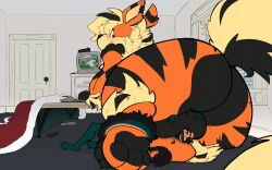 2023 anthro arcanine arlean_(raster_dreams) ass balls bed bedroom between_legs big_butt blush digital_drawing_(artwork) digital_media_(artwork) duo ears_up face_in_balls fur furniture generation_1_pokemon genitals hand_on_balls head_between_legs head_on_hand hi_res looking_back lying lying_on_bed macro macro_focus male nintendo on_back on_bed orange_body orange_fur pokemon pokemon_(species) raised_tail raster_dreams size_difference smile tail tail_around_partner tarou_(taroumyaki) television