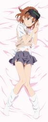 10s 1girls 2014 bare_thighs bed_sheet blush brown_hair clone dakimakura female full_body grey_eyes hair_ornament hairclip head-mounted_display hi_res kneehighs legs long_legs looking_at_viewer loose_socks lying miniskirt misaka_imouto misaka_imouto_10032 navel open_mouth school_uniform schoolgirl short_hair skirt smile_(rz) socks solo sweater_vest teenage_girl teenager thighs to_aru_kagaku_no_railgun to_aru_majutsu_no_index tokiwadai_school_uniform very_short_skirt white_socks young