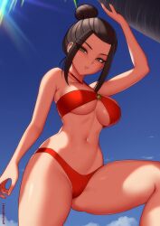 1girls avatar_the_last_airbender azula beach big_breasts bikini bikini_bottom bikini_top black_hair breasts brown_eyes cleavage crown_braid ear_piercing earrings female female_only fire_nation hair hair_bun kuroonehalf large_breasts nickelodeon png princess red_bikini red_swimsuit sideboob smooth_skin solo solo_female sweat sweatdrop sweaty_breasts sweaty_thighs swimsuit thighs underboob