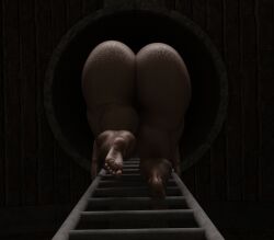 3d anus barefoot big_ass big_breasts big_butt bimbo climbing climbing_ladder dark-skinned_female daz_studio dzcelestial3d exhibitionism feet female female_only flip_flops hatch human hyper_lips ladder public public_nudity short_hair well worms-eye_view