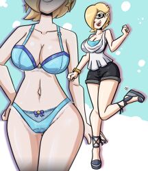 1girls alternate_hairstyle big_breasts blonde_hair blue_lingerie cleavage earrings female full_body glasses hair_over_one_eye lingerie mario_(series) milf nanus2 nintendo princess_rosalina short_hair shorts super_mario_galaxy wedge_heels