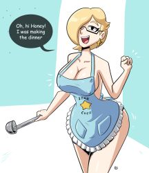 1girls alternate_hairstyle apron apron_only big_breasts blonde_hair cleavage earrings female glasses hair_over_one_eye mario_(series) milf naked_apron nanus2 nintendo nipples princess_rosalina short_hair super_mario_galaxy talking_to_viewer