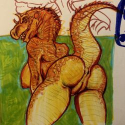 anthro anus biped breasts dinosaur female genitals hi_res justcartilage nipples non-mammal_breasts non-mammal_nipples pussy raised_tail reptile scales scalie solo spikes tail