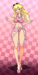 1girls big_breasts bikini blonde_female blonde_hair blue_eyes checkered_background feet female female_only flip_flops full_body long_hair louten mario_(series) pink_background pink_bikini princess princess_peach princess_peach_(swimwear) sandals sarong simple_background solo standing sunglasses_on_head super_mario_odyssey swimsuit toes