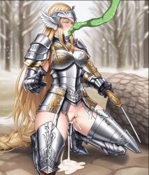 ai_generated armor blush closed_eyes cum_in_pussy cum_overflow cum_pool defeated embarrassed golden_hair holding_weapon humilation kneeling norse_mythology oral_sex surprised tentacle tentacle_in_mouth valkyrie winged_helmet