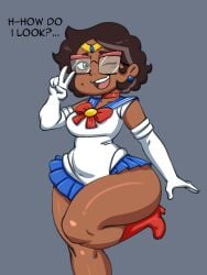 1girls alternate_version_available bishoujo_senshi_sailor_moon brown_hair camila_noceda clothed clothing dark-skinned_female dark_skin darkeros13 disney glasses latina looking_at_viewer mature_female medium_breasts milf mother sailor_moon_(cosplay) skirt the_owl_house thick_thighs wide_hips