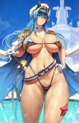 1girls bikini blue_hair breasts eu03 female goddess_of_victory:_nikke hand_on_hip hat helm_(nikke) hi_res highleg_bikini hips huge_breasts light-skinned_female light_skin long_hair skindentation solo standing sword thick_thighs thighs voluptuous wide_hips