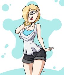 1girls alternate_hairstyle big_breasts blonde_hair cleavage earrings female glasses hair_over_one_eye mario_(series) milf nanus2 nintendo princess_rosalina short_hair shorts super_mario_galaxy