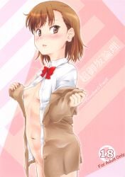 10s 1girls 2018 areolae barely_clothed blush bottomless breasts brown_eyes brown_hair erect_nipples female hi_res looking_away matching_hair/eyes midriff misaka_mikoto navel nipples no_bra no_panties no_underwear open_clothes open_mouth open_shirt school_uniform schoolgirl short_hair skirt_removed small_breasts solo standing teenage_girl teenager to_aru_kagaku_no_railgun to_aru_majutsu_no_index tokiwadai_school_uniform tominaga_f_rou young