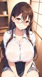 1girls ai_generated big_ass big_breasts big_butt black_hair cleavage digital_media_(artwork) glasses huge_ass human long_hair looking_at_viewer nerd nerdy_female red_eyes school_uniform schoolgirl skirt skotlkw smiling thick_thighs wet wet_shirt window