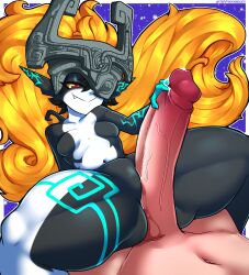 1boy 1girls absurd_res big_penis breasts duo featureless_breasts female first_person_view genitals hand_on_penis hi_res huge_cock humanoid imp imp_midna male male/female male_pov mammal midna nintendo nude penis small_breasts smug spread_legs spreading straight_hair the_legend_of_zelda tippydoodles twili twilight_princess unseen_male_face