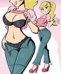 1girls alternate_hairstyle ass big_breasts black_bra black_panties blonde_hair bra breasts casual clothing female female_only full_body high_heels jeans lifted_by_self lingerie lipstick mario_(series) multiple_views nanus2 nintendo nipples open_toe_heels panties pants pink_background pink_heels ponytail princess_peach shirt shirt_lift showing_off simple_background solo standing tied_hair underwear undressing