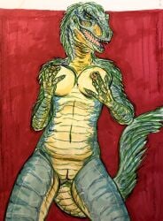 anthro biped breasts countershade_scales countershade_tail countershade_torso countershading dinosaur fangs female genitals hi_res holding_breast justcartilage nipples non-mammal_breasts non-mammal_nipples nude open_mouth pussy reptile scales scalie solo tail teeth traditional_media_(artwork)